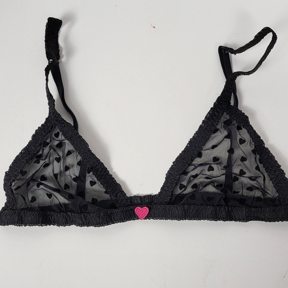 PINK Victoria's Secret Black Velvet  Heart Mesh Bralette Tease M/L - Picture 2 of 11
